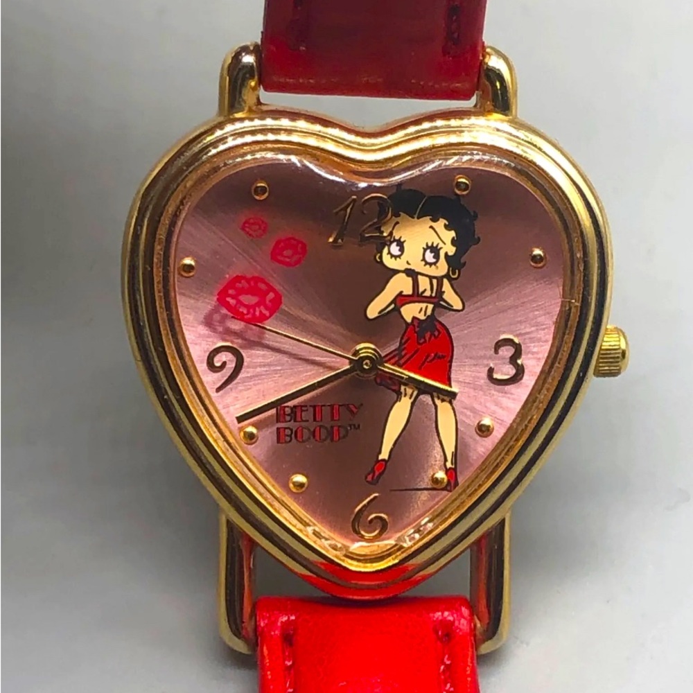 Betty Boop Watch Women Ladies Gold Tone Heart Case Red Band New Battery 8"
